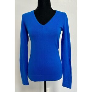 Lilly Pulitzer V Neck Long Sleeve Sweater Top XS Blue Pink Trim Palm Tree Logo